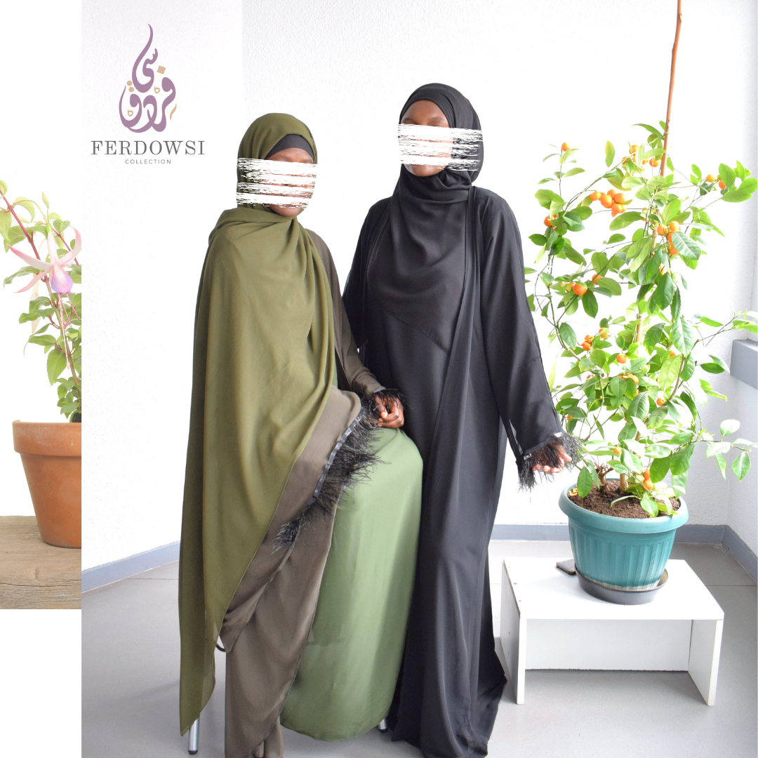 ABAYA NAHL SET - ZAYTUNA GREEN feathers